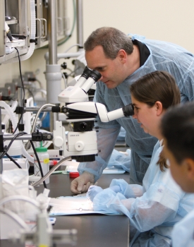 researchers looking in microscope
